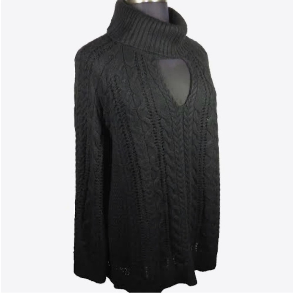 Lane Bryant CableKnit Turtleneck Sweater 14/16 Black Keyhole Chunky Bell Sleeve